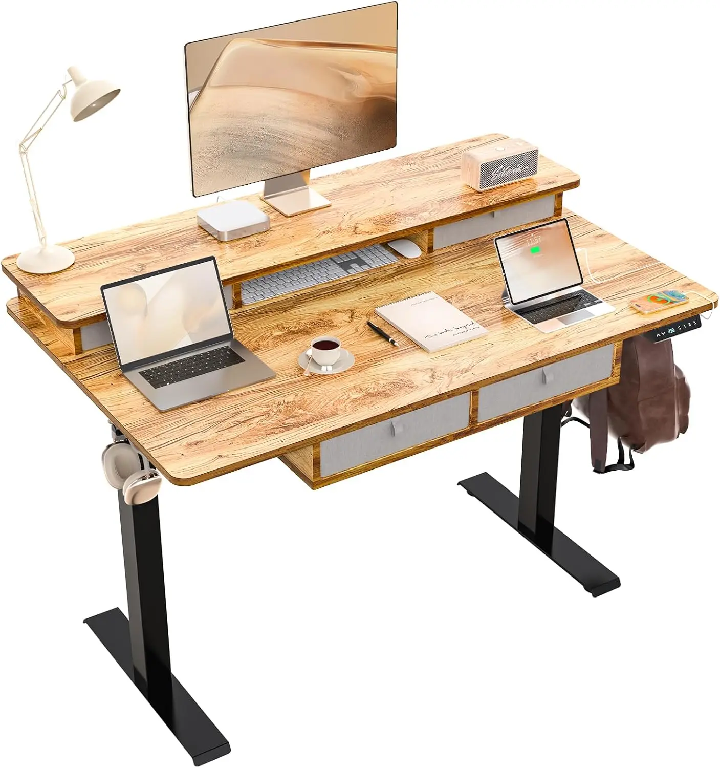 

48 * 30 Inches Electric Standing Widened Desk Adjustable Height with 4 Drawers, Double Storage Shelves Stand Up Desk, Home Offic