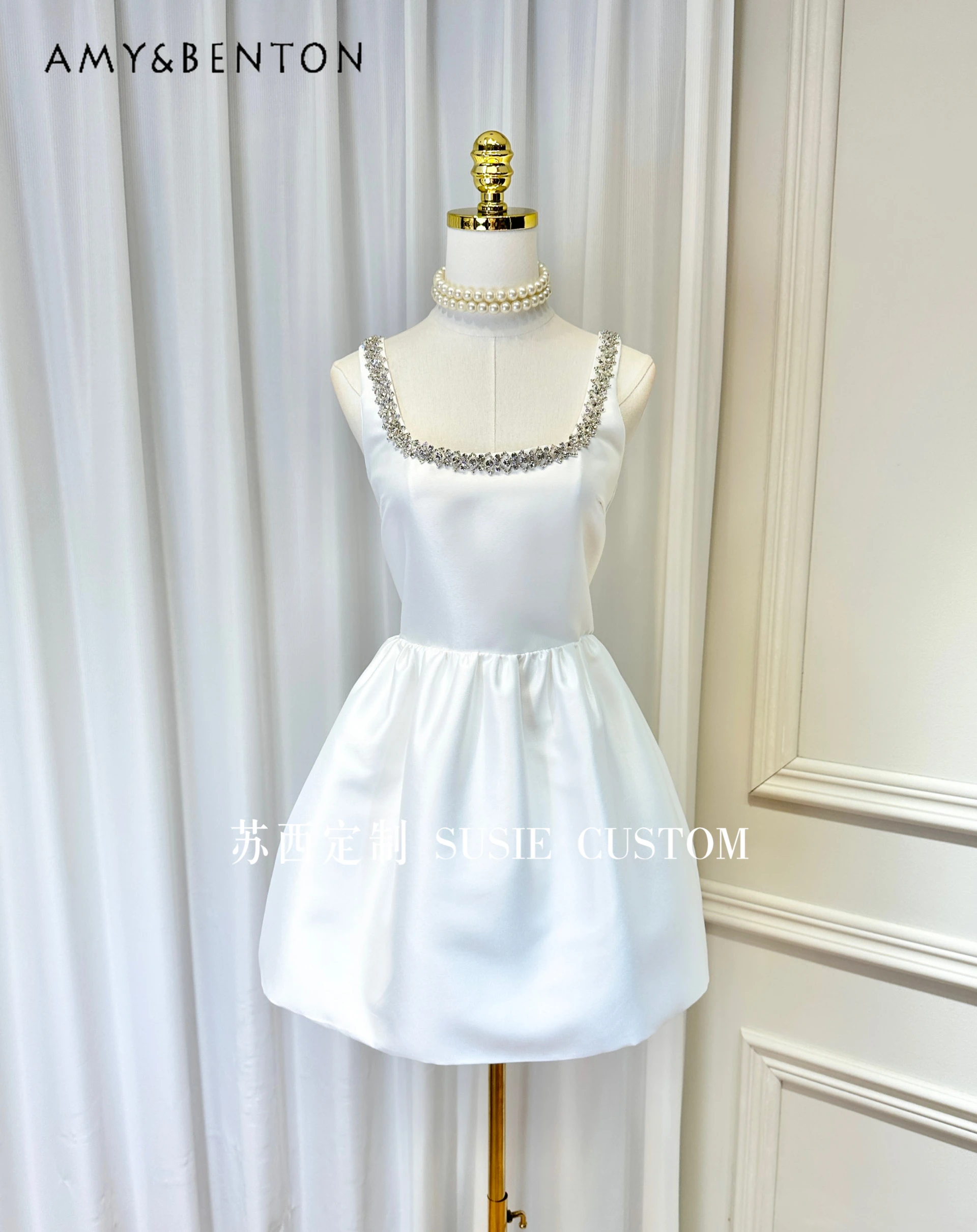 

High-Grade Heavy Industry Square Collar Rhinestone Chain Sleeveless Vest Dress Summer Socialite Slim Princess Ball Gown Dresses