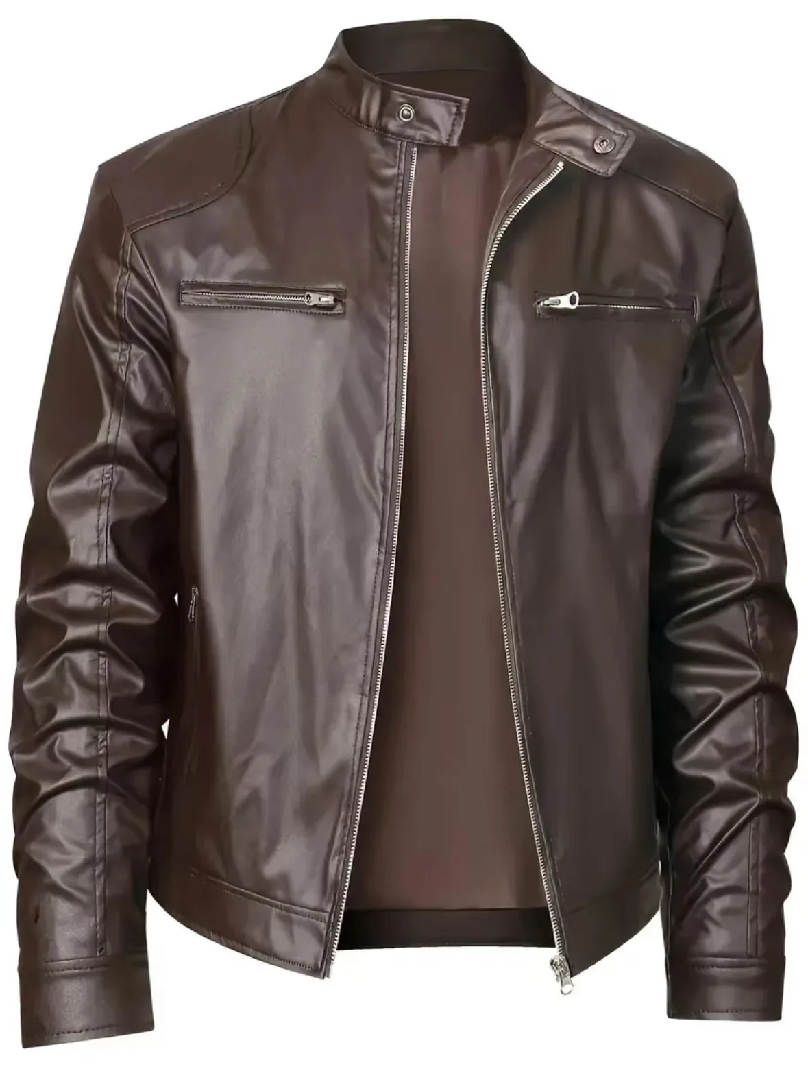 Men's Motorcycle Leather Jacket Slim Fit Stand Collar Zipper Jacket Casual Biker Jacket with Zipper Pockets Streetwear Outerwear