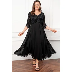 Robe maxi noire en mousseline de soie pour mère de la mariée, grande taille, superposée, imprimé géométrique, manches transparentes, ourlet fluide, longueur thé