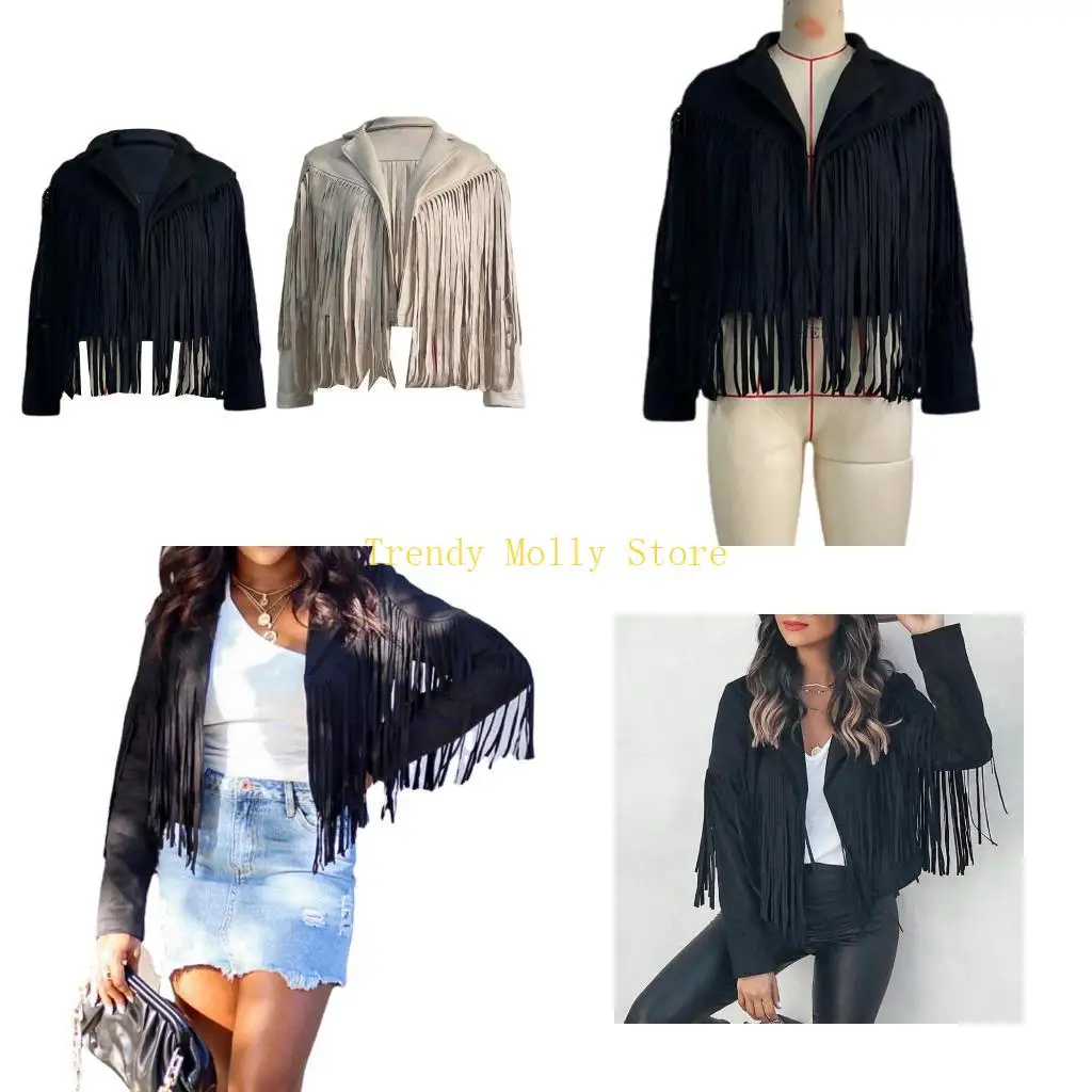 

N5KB Womens Punk Stylish Tassel Fringe Cropped for Jacket Notched Collar Open Front Faux Suede Leather Biker Streetwear