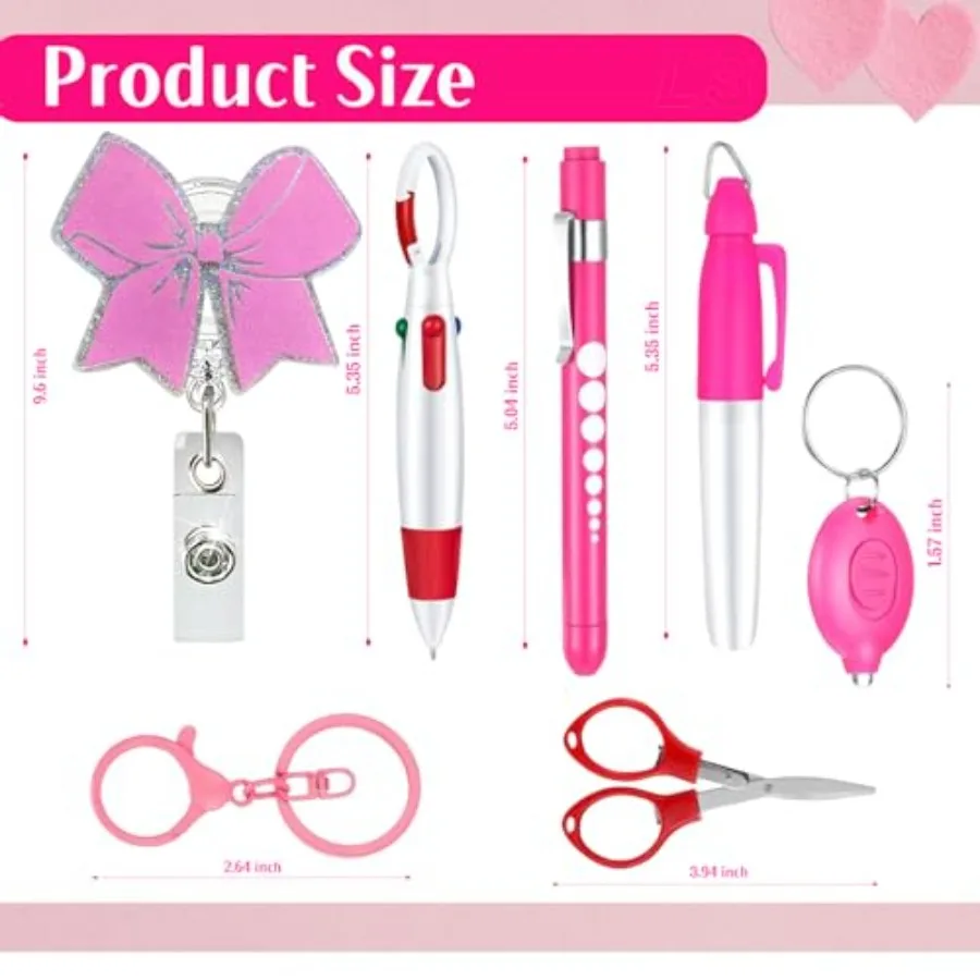 Pink Bow Nurse Pen Set Badge Reel Clip Holder Accessories for Work Permanent Marker Pen and Foldable Scissors LED Flashlight Ke