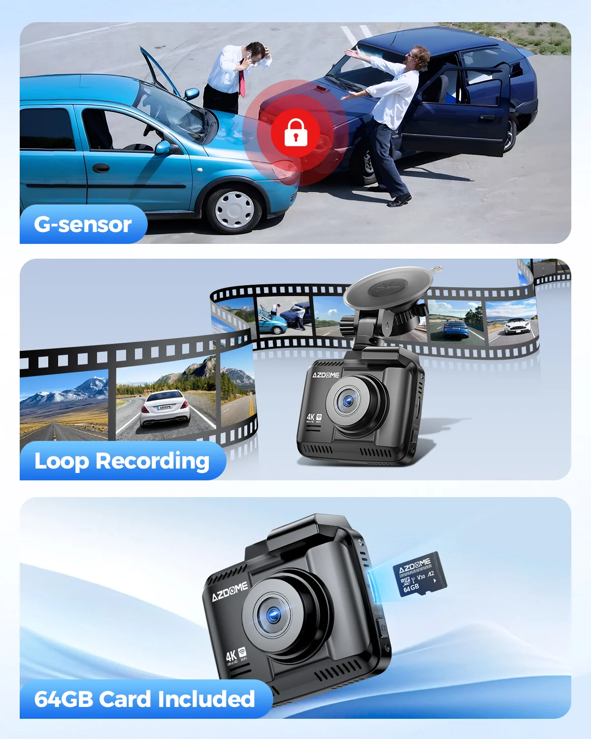 Dash Cam 3 Canali LINGDU V630 4K+1080P+1080P | WiFi6 GPS Con Scheda 64GB | Visione Notturna IR