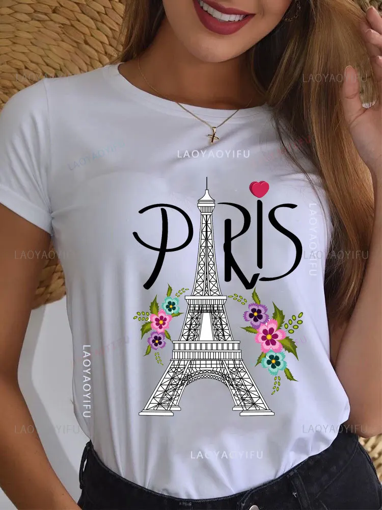 Fashion Paris Eiffel Tower Print Cotton T Shirt Funny Streetwear Mens Short Sleeve Tees Street Clothing Summer girl unisex Tops