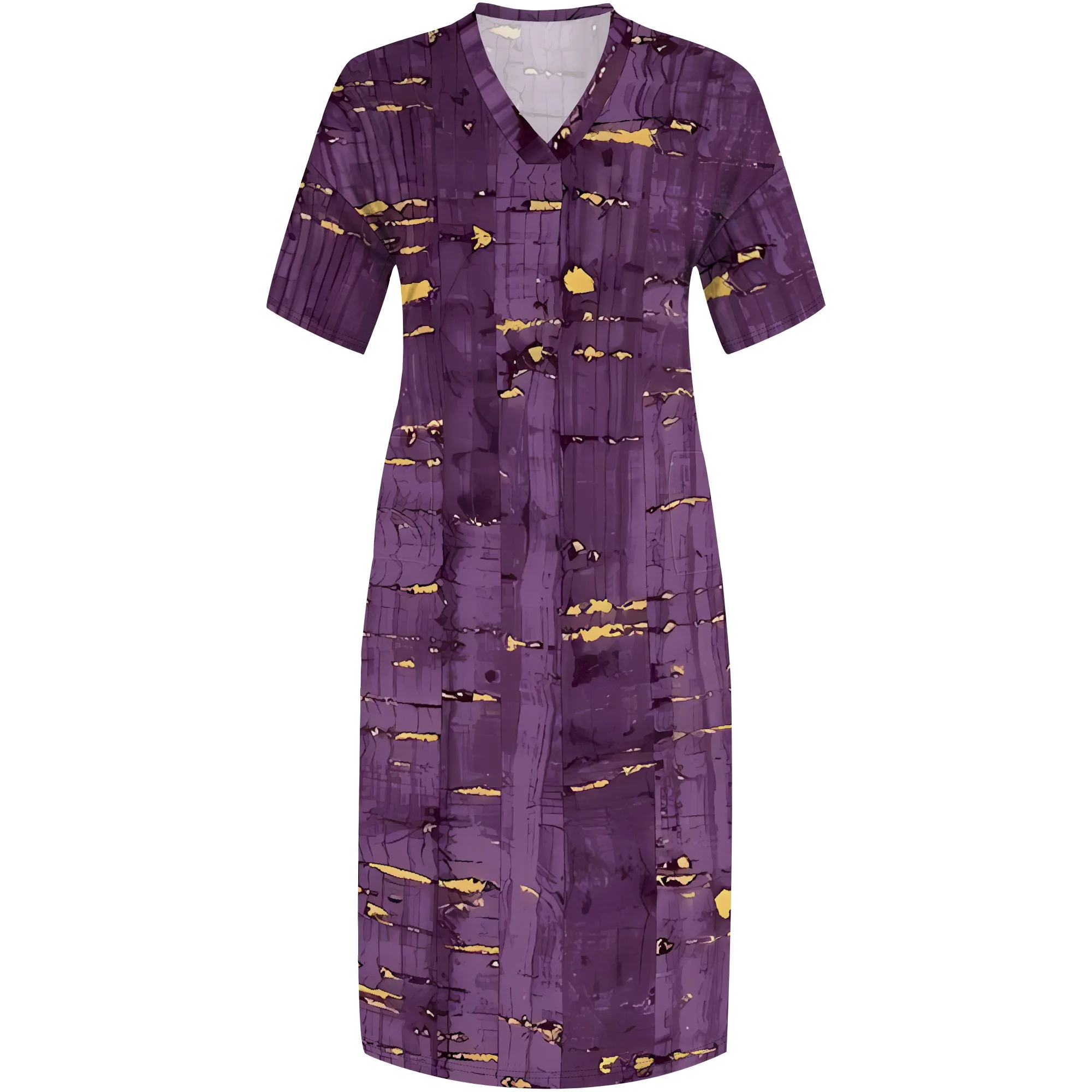 Gaun Motif Nupusa Tertekan untuk Wanita Gaun Midi Lengan Pendek Leher V Kasual Musim Panas Ukuran Besar