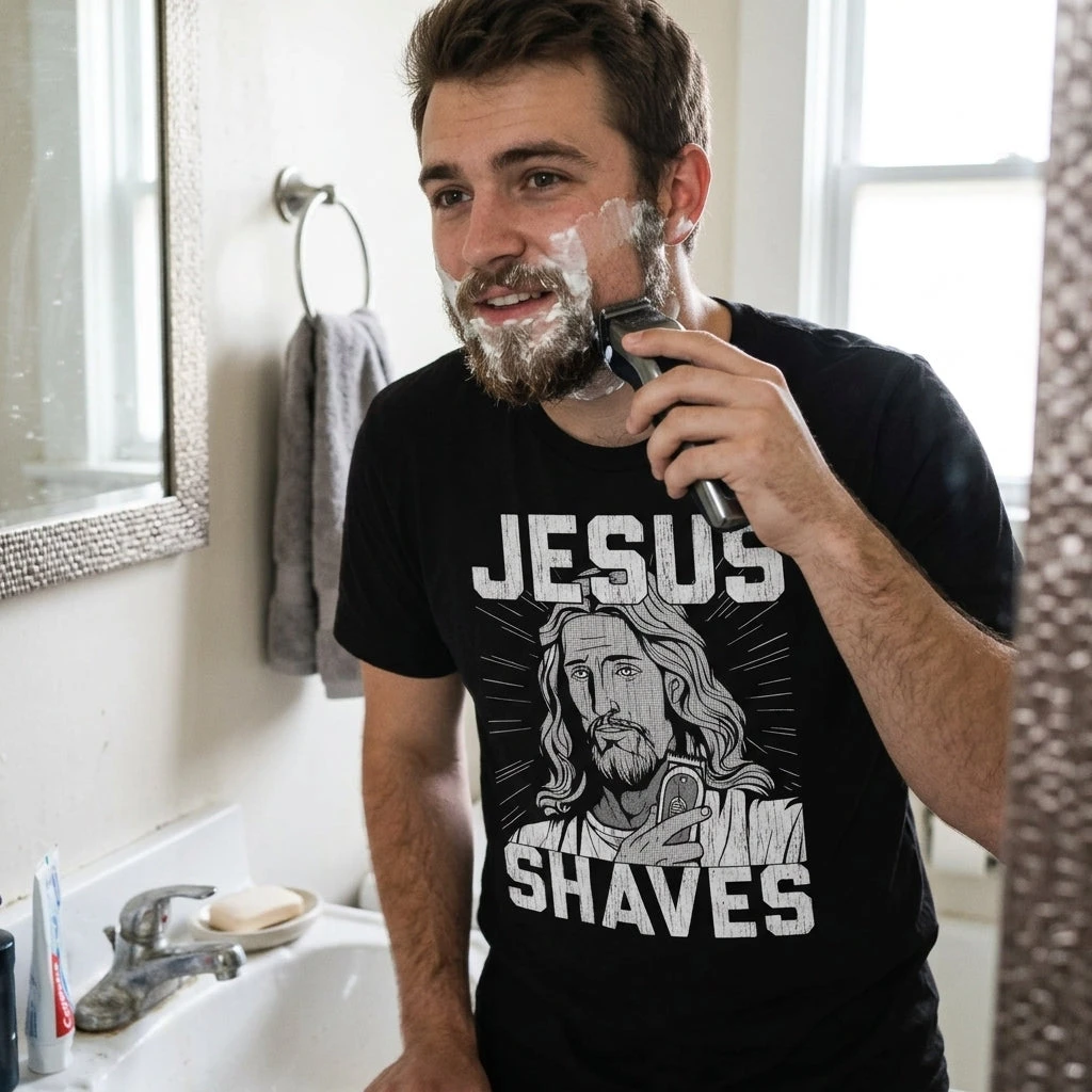 2026 New Retro Jesus Shaves Barbershop Pun Print Tshirt Casual Loose Short Sleeve Humor Street Top