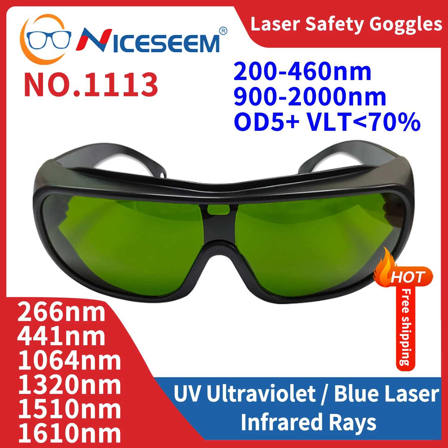 Okulary ochronne, soczewki laserowe ochronne 532 755 1064nm, certyfikowane, do laserów Nd:YAG, IPL, LED, FPV, stomatologicznych, do epilacji, laserowych urządzeń do usuwania włosów, laserowych urządzeń do terapii promieniowaniem.