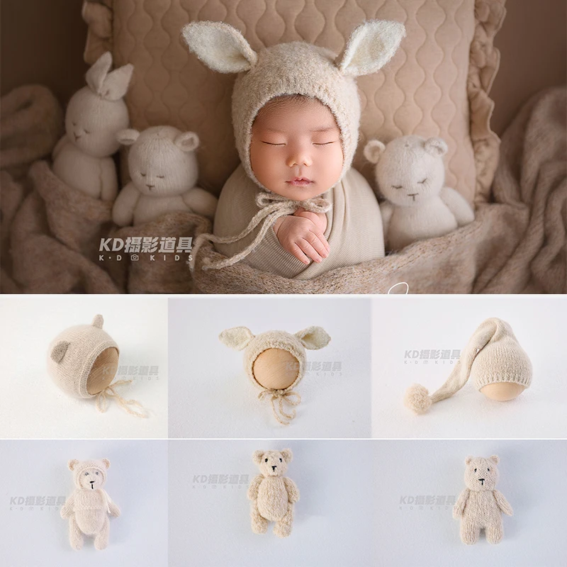 

Реквизит для фотосъемки новорожденных, мягкая вязаная шапочка для малышей 0-1 месяца и плюшевая кукла-медведь, 2 шт./компл., аксессуары для фотосессии младенцев