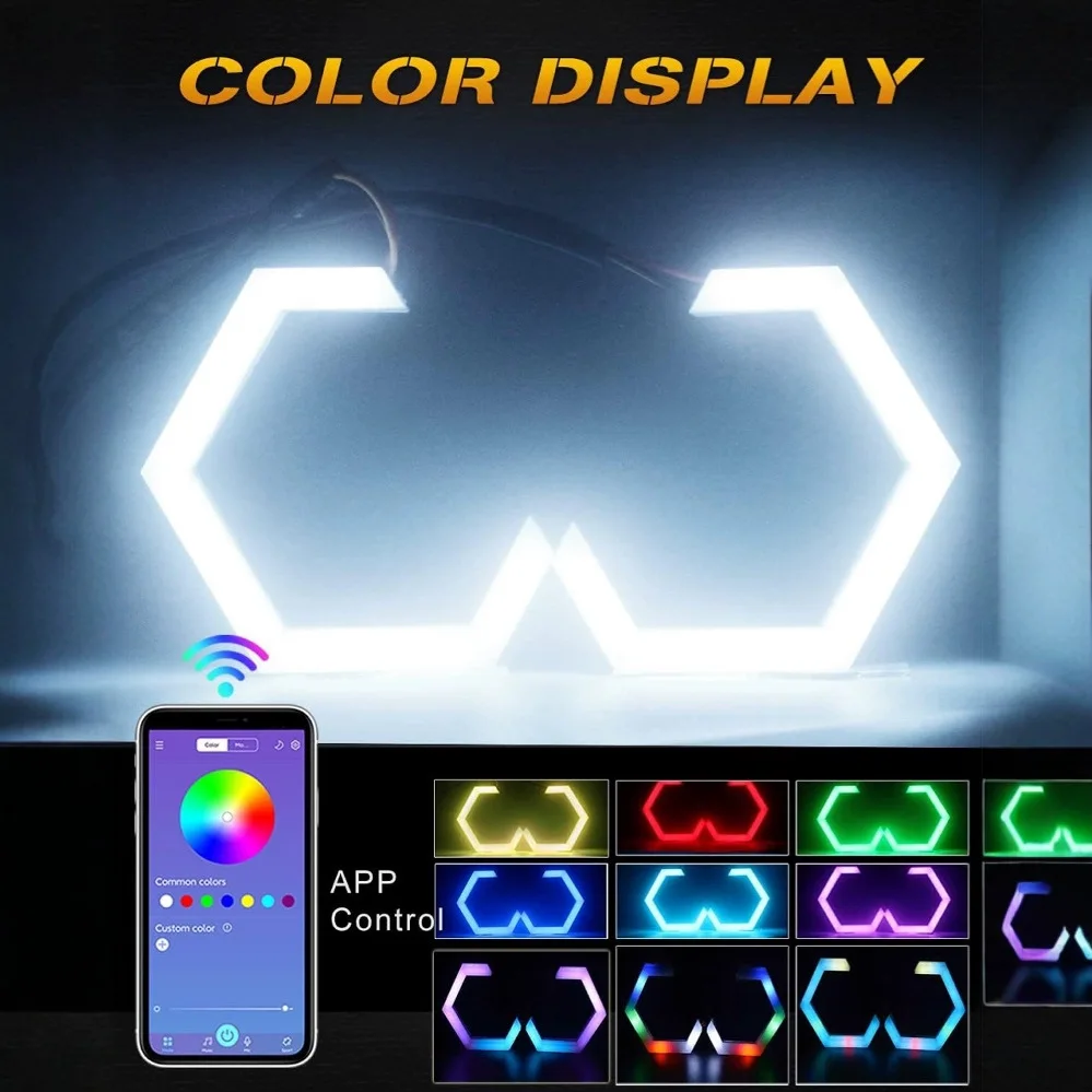 

2 шт. RGB шестиугольные ангельские глазки Halo кольца модернизированная фара автомобиля мотоцикл белый DRL + янтарный указатель поворота управление через приложение 12 В 24 В