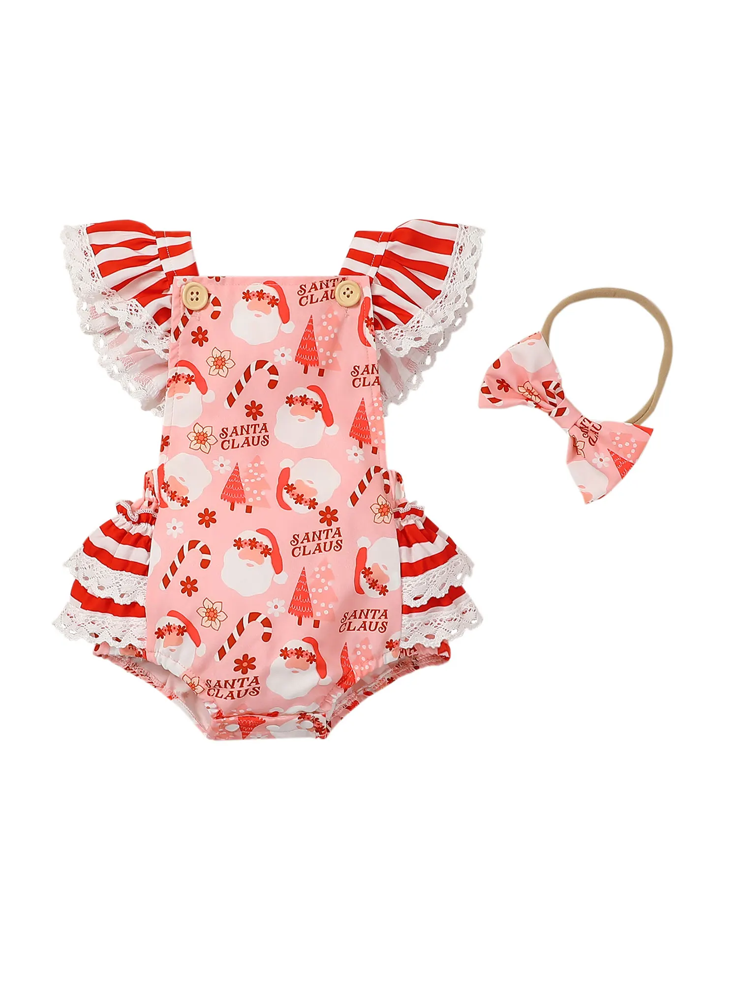 

Infant Baby Girl Christmas Jumpsuit Set Cartoon Candy Cane Print Flying Sleeve Romper Bow Headband