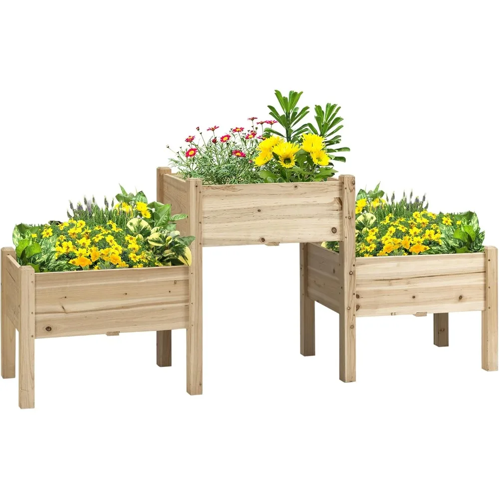 

Plant Stand.Outsunny Raised Garden Bed with 3 Planter Box, Elevated Wooden Plant Stand with Drainage Holes, for Vegetables