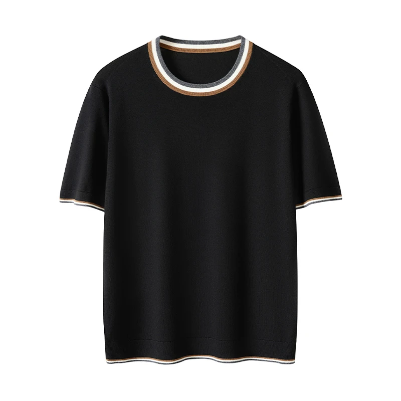 Summer 100% Fine Knit Pure Wool Round Neck Short Sleeve Knit T-Shirt For Men High-End Color Block Sweater Breathable Base Shirt