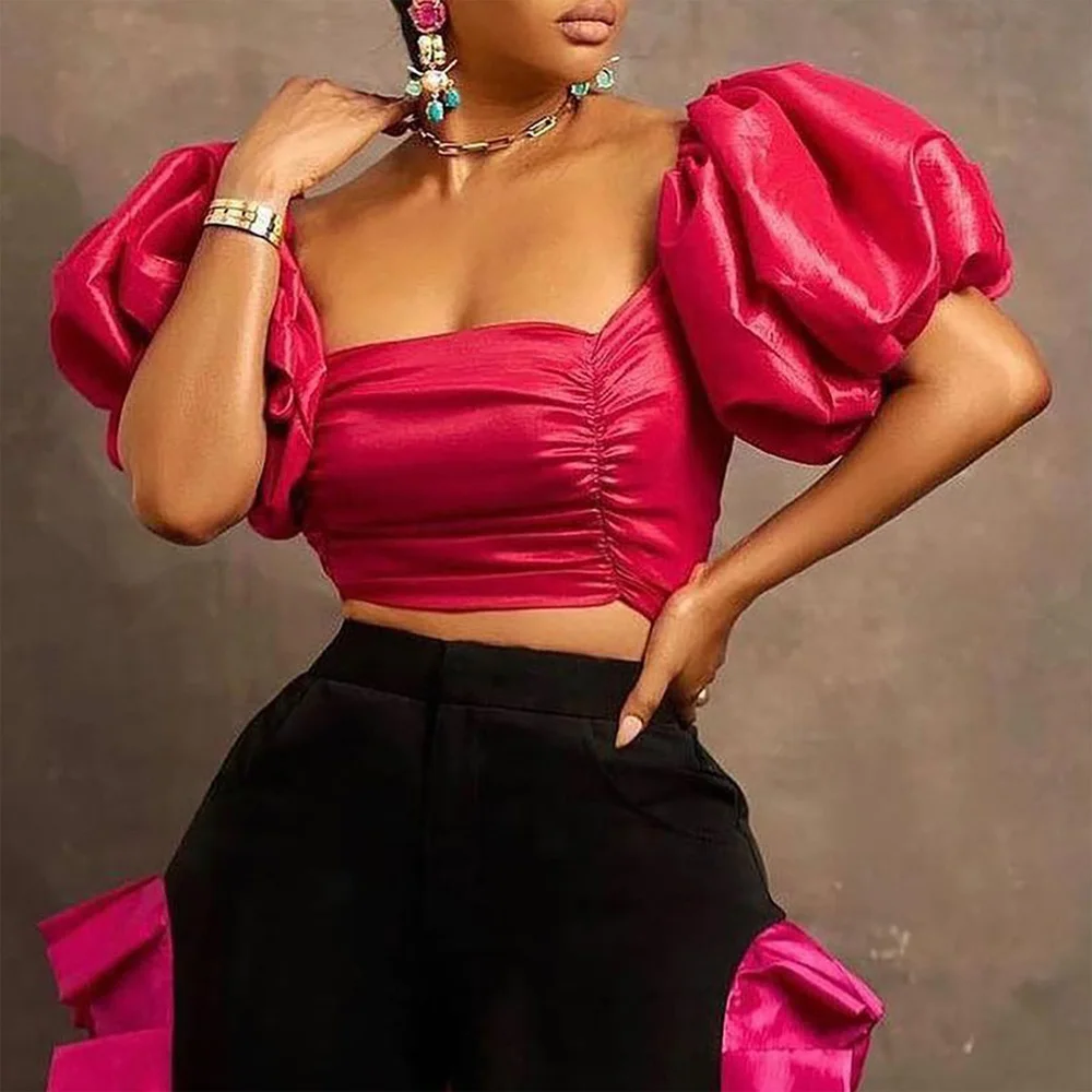 African Ladies Sexy Fashion Tops Rose Solid Satin Square Neck Lantern Sleeve Backless Evening Night Party Club Blouse Shirts Hot