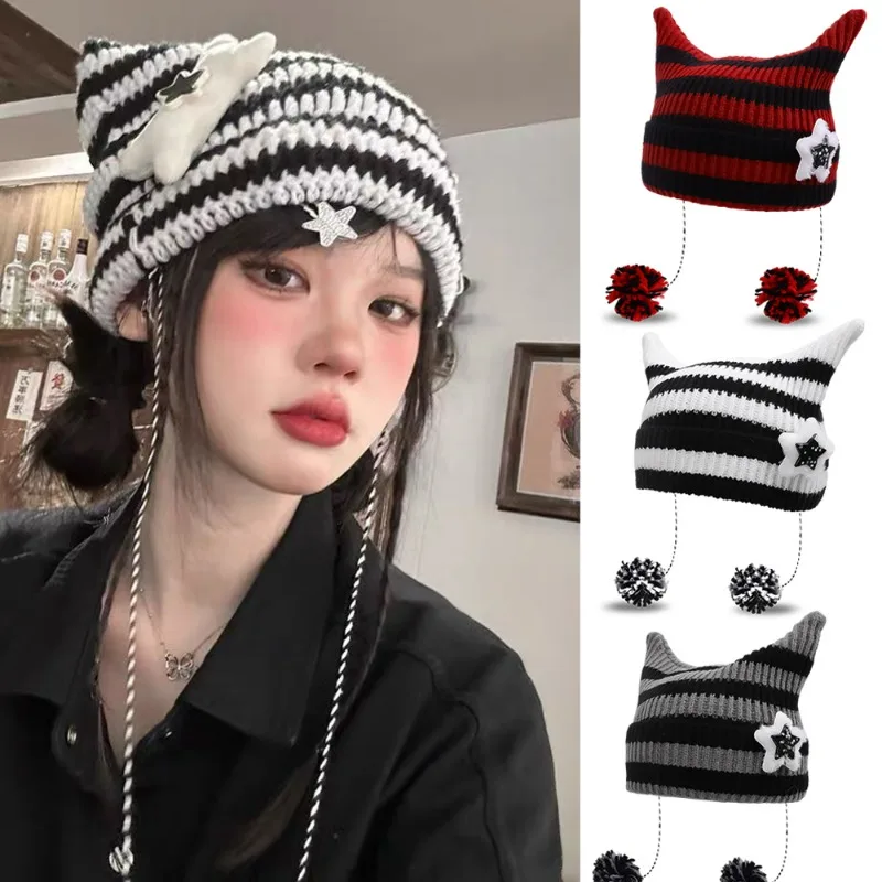 

Y2k Cat Hat Women Woolen Plush Knitted Punk Striped Thickened Autumn Winter Warm Cover Cap Hairball Pendent Girls Cold Hat