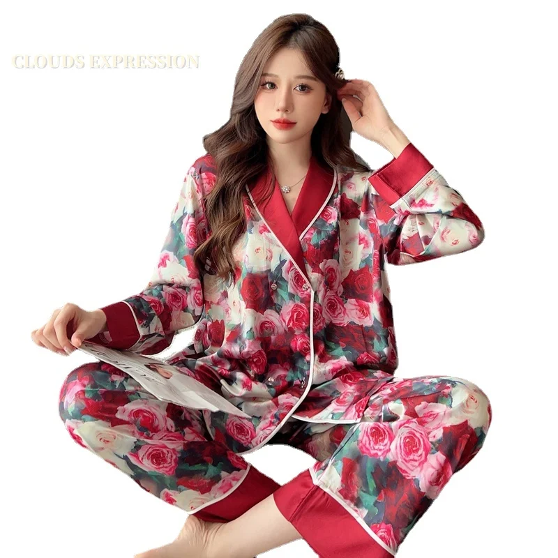 Spring Summer Ladies Faux Silk Polyester Elegant Pajama Sets Sexy Homewear Womens Casual Luxury Pajamas Pajamas Female Sleepwear