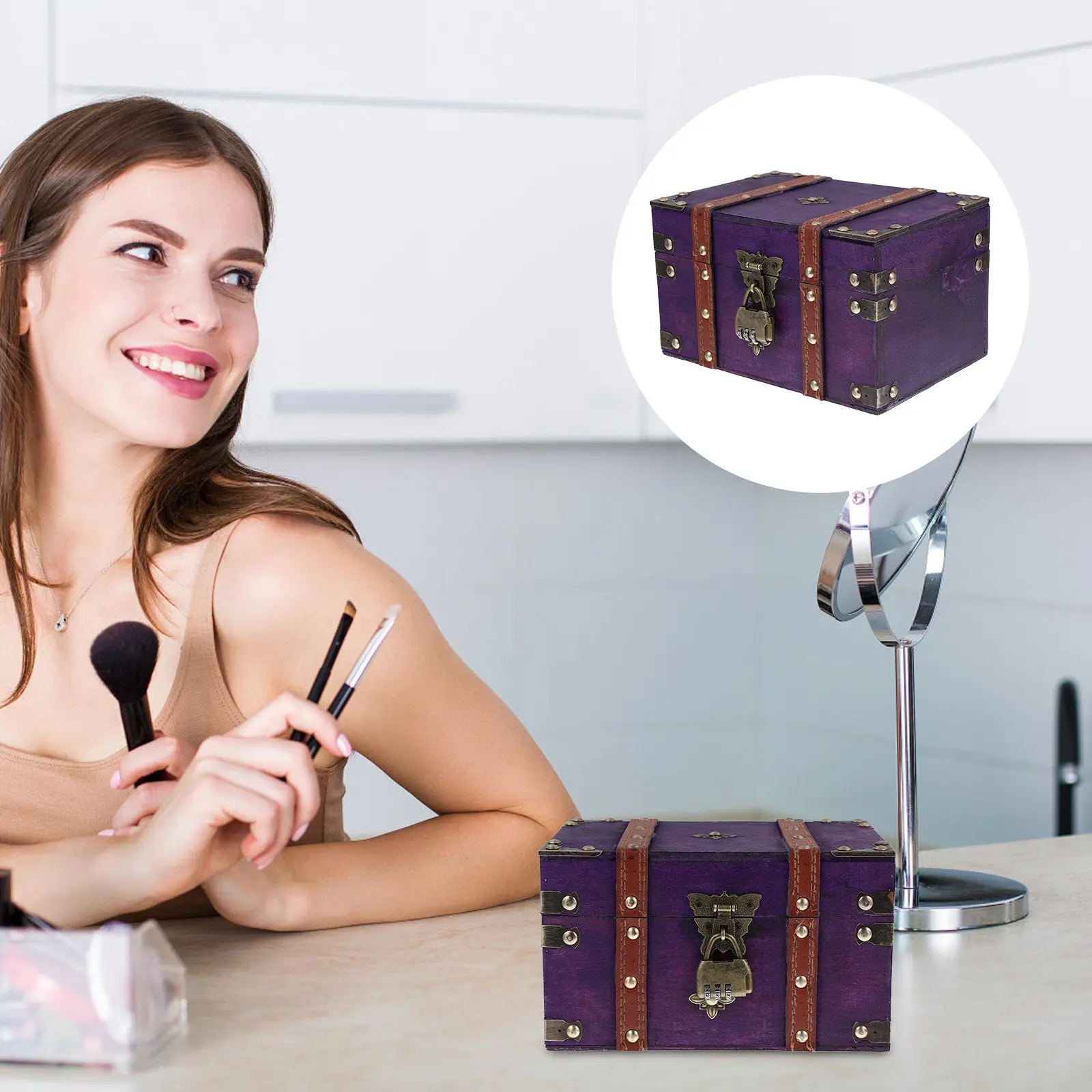 

Vintage Wooden Jewelry Storage Box Lock Classic Organizer Case Sundries Display Organizer Jewelry Display Storage