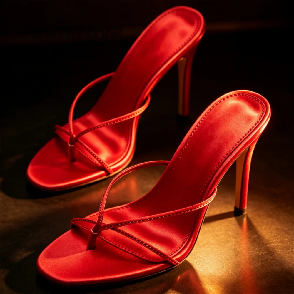 Women's Rhinestone Red Satin High Heels Slippers Pull On Stiletto Clip Toe Slides Fashion Luxury Summer Party Shoes Flip Flops