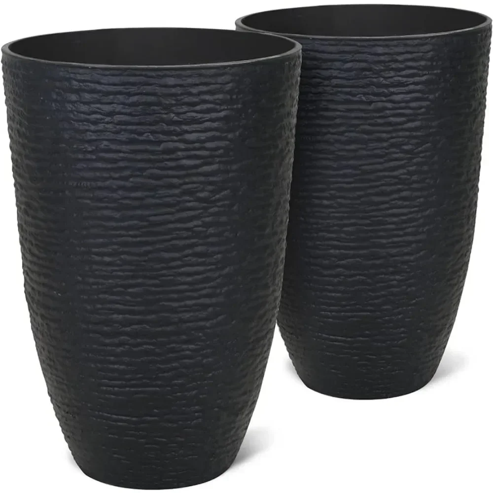 Flower Pot Tall Planters 2 Pack - 14'' Dia Resin Large Round Black Flower Pots for Outdoor Plants Trees - Imitation Stone Finish