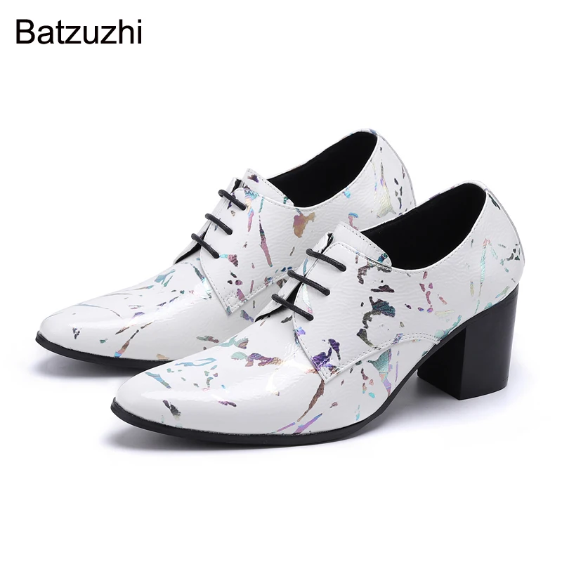 

Batzuzhi 7cm High Heels Men's Shoes Lace-up Pointed Toe Genuine Leather Dress Shoes Men White High Heel Wedding/Party Footwear