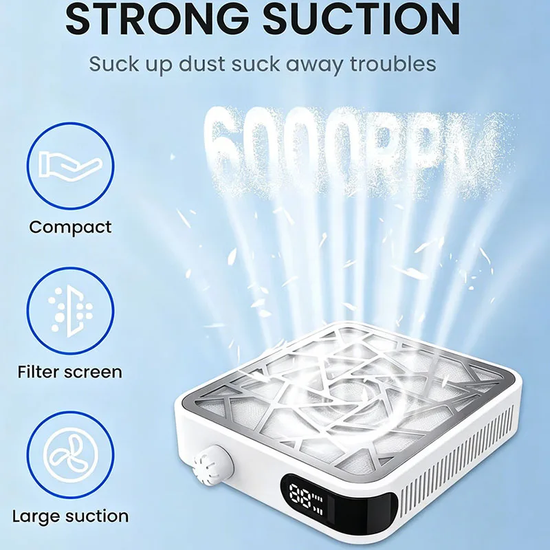 Rechargeable Nail Dust Collector, 6000RPM Powerful Nail Vacuum Suction, 10 Speed Adjustable Mini Nail Dust Extractor with LCD