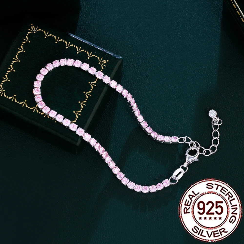 CWWZircons Sterling Silver 925 Beautiful Pink CZ Crystal Sweet Tennis Bracelets for Women Girls Wedding Party Fine Jewelry SB013