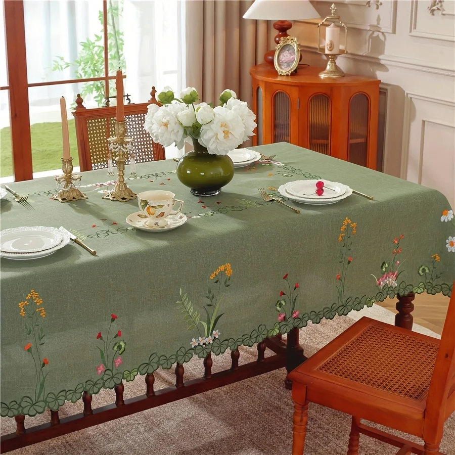 One piece of polyester fabric, rectangular tablecloth, embroidered flowers, hollowing-out technique.