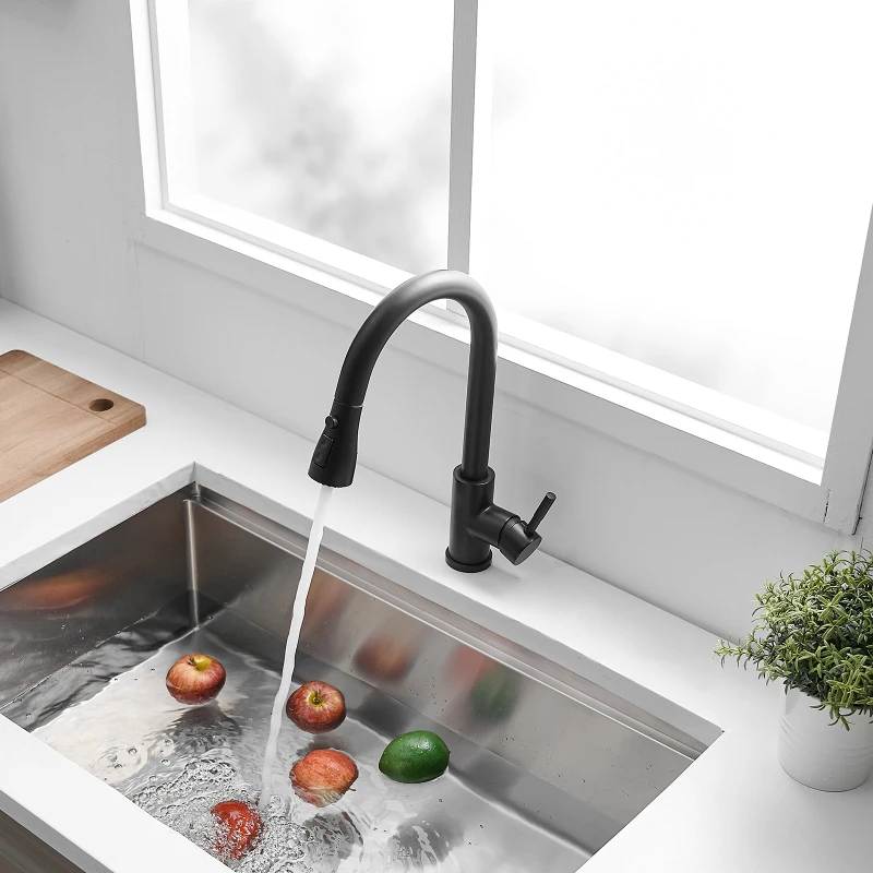 

Black Stainless Steel Sink Faucet Kitchen Pull out Spray Head Practical Easy To Clean Enhances Home Kitchen Functionality