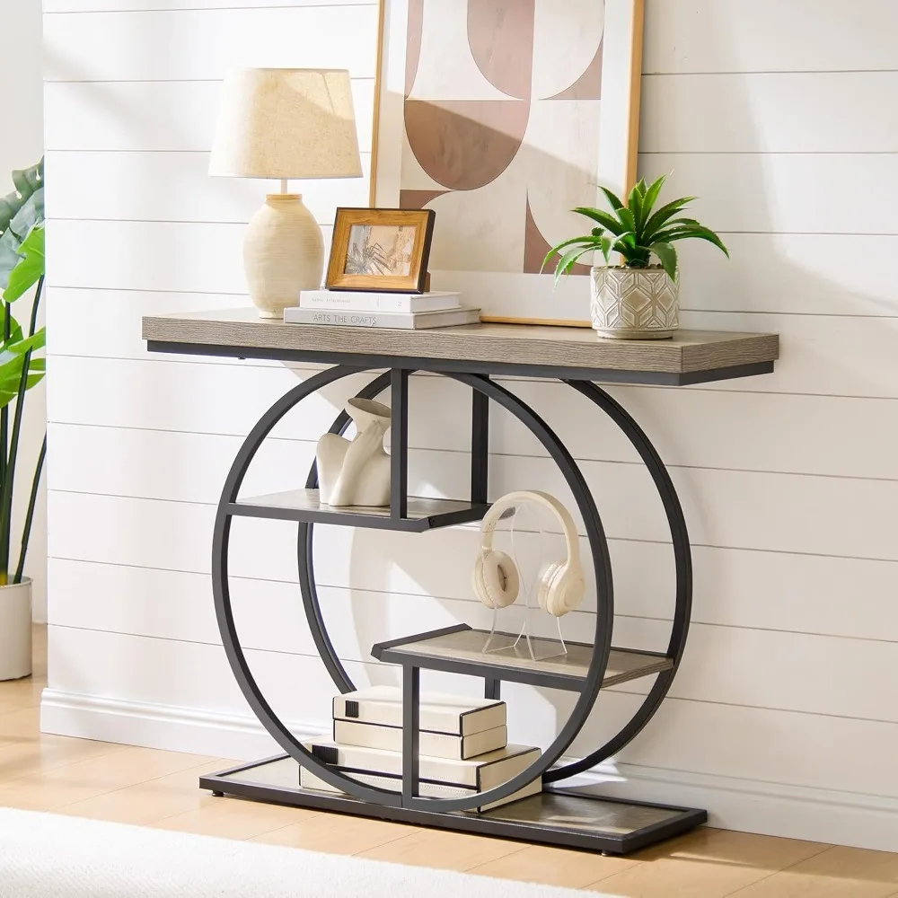 طاولة أريكة، طاولة مدخل صناعية من 4 طبقات مع قاعدة دائرية وسطح سميك 1.7، طاولة وحدة تحكم ضيقة مع مساحة تخزين لـ #4