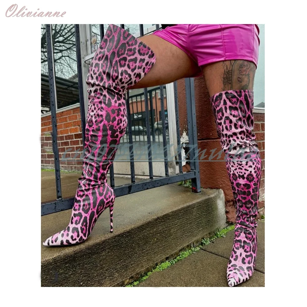 

Sexy Purple Leopard Over the Knee Boots Mixed Color Pointy Stiletto High Heel Sexy Fashion 2025 Hot Girl Women Shoes Para Mujere