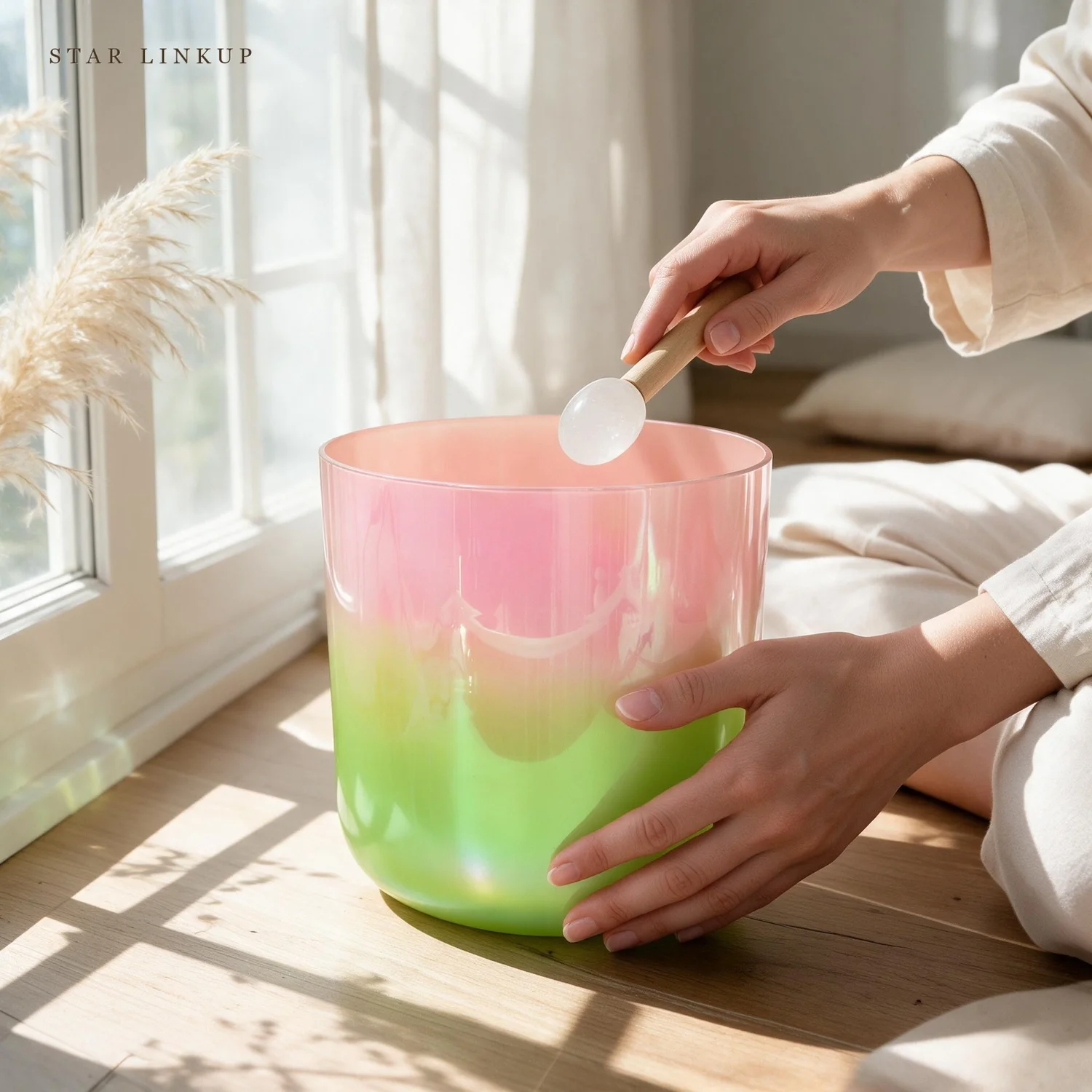 STAR LINKUP Model SL-1916 432Hz 440Hz Golden Sunset Clear Quartz Crystal Singing Bowl with Cosmic Light - Master-Crafted Crystal Sound Tool for Energy Balancing, Yoga and Relaxation