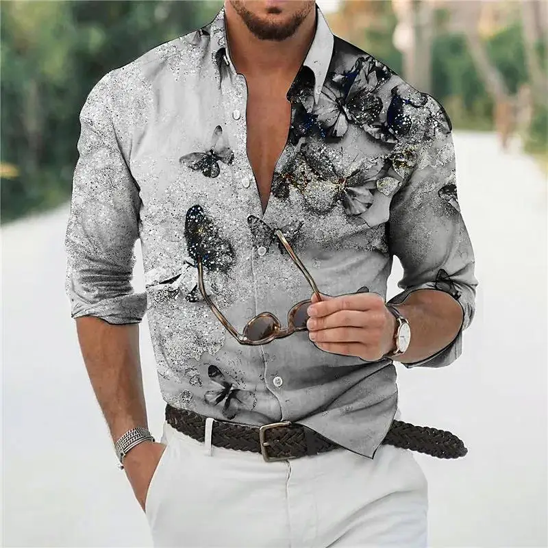 Fashion shirts men\'s Hawaiian Butterfly Shirt 3D printed long-sleeved flower shirt beach V-neck oversize T-shirt men\'s Clothing