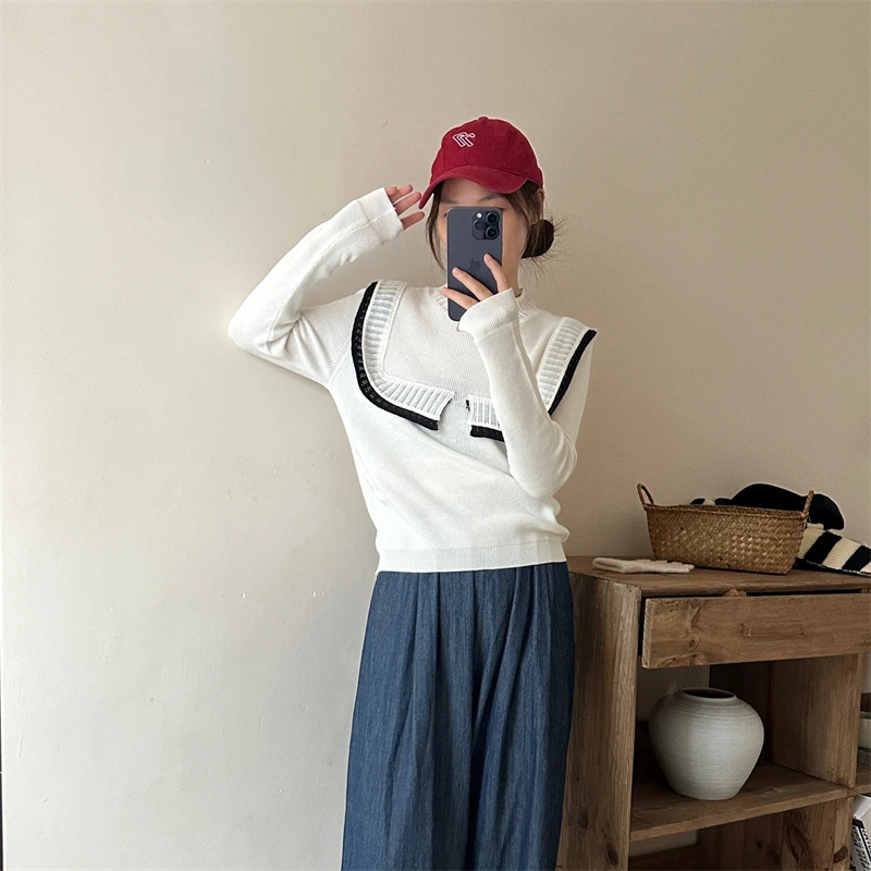 Pull pulls femmes col rond manches évasées légèrement extensible coréen bureau dame printemps et automne décontracté quotidien femme tricoté hauts