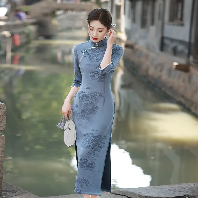 

Yourqipao Autumn Temperament Suede Carved Ink Blue Long Slim Slit Catwalk Cheongsam Chinese Style Evening Qipao Dress for Women