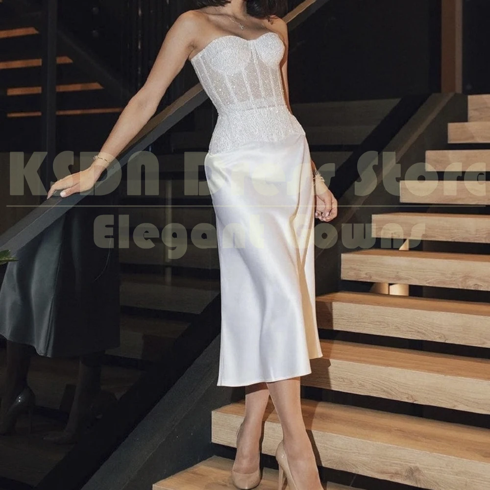 

Elegant Women Evening Dresses Formal White Strapless Tea-Length Lace Up Gowns Special Event Women Prom Dress Vestidos 2025