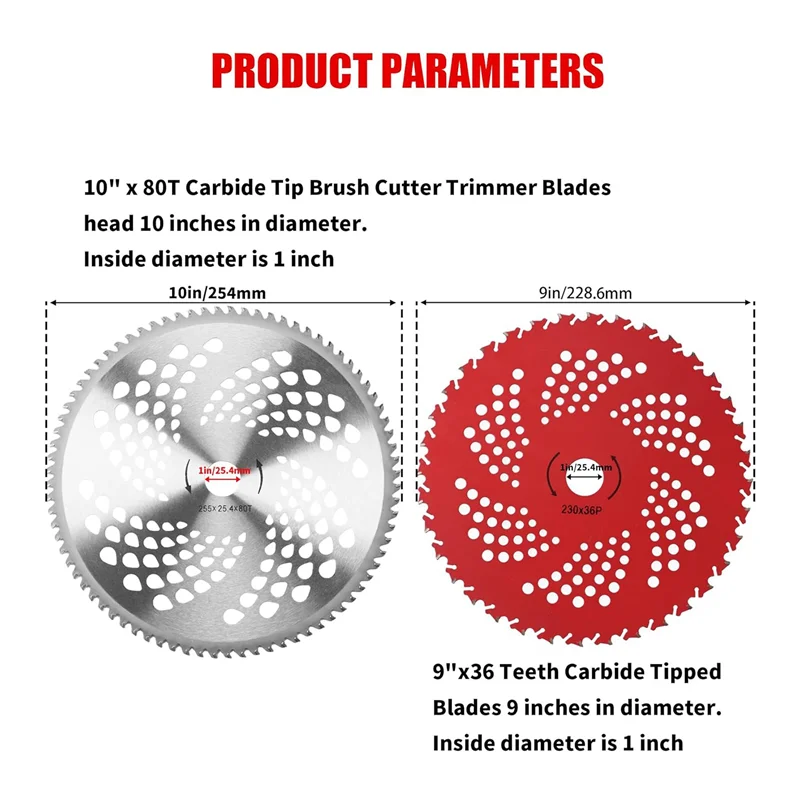 

AA01-10In X 80T Tip Brush Cutter Trimmer Blades & 9In X 36 Teeth Carbide Tipped Blades With Universal Adapter Kit Compatible Dur