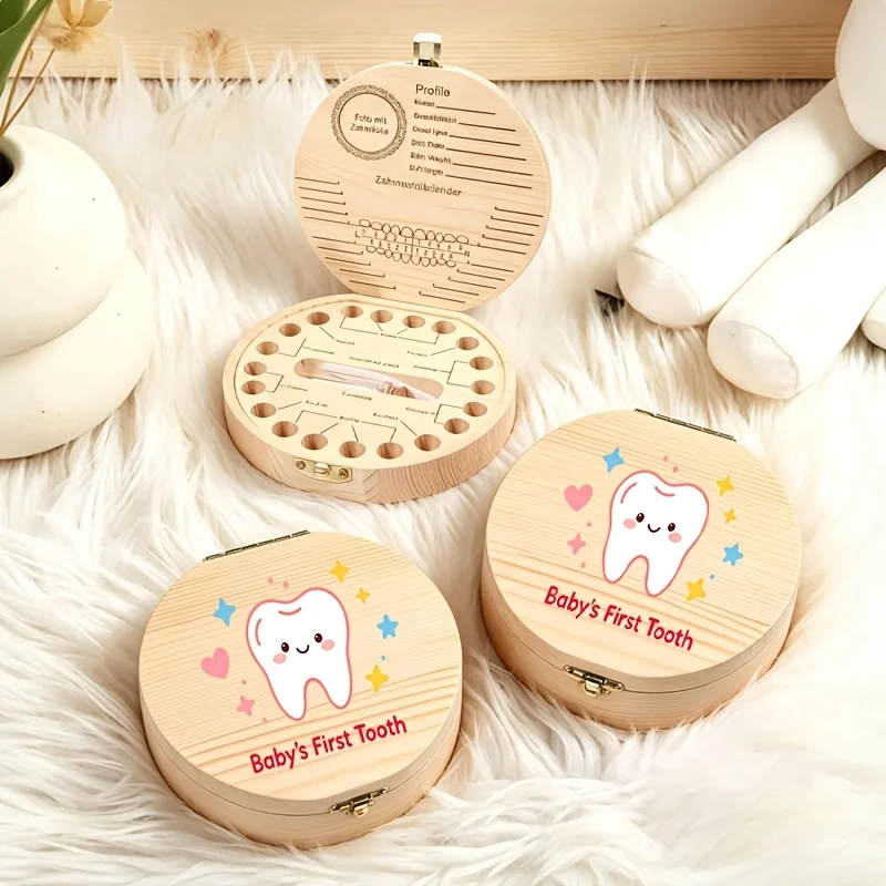 Wooden First Tooth Tooth Keepsake Box Birth Souvenir 2D Wooden Storage Box Tooth Commemorative Container Teeth Anniversary Gift