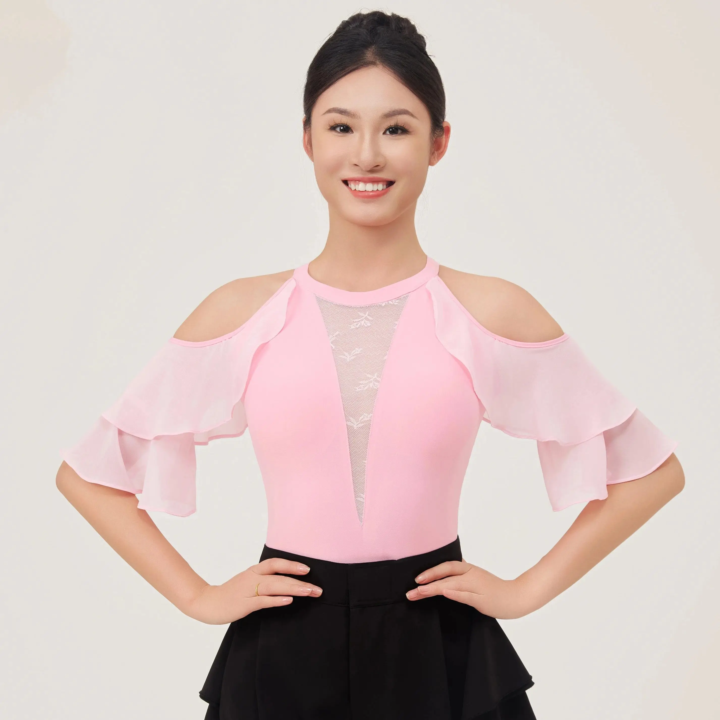 Latin Dance Costumes Waltz Dance Mesh Off Shoulder Top For Women Modern Rumba Tango Ballroom Dance Clothes Practice Wear DN22061