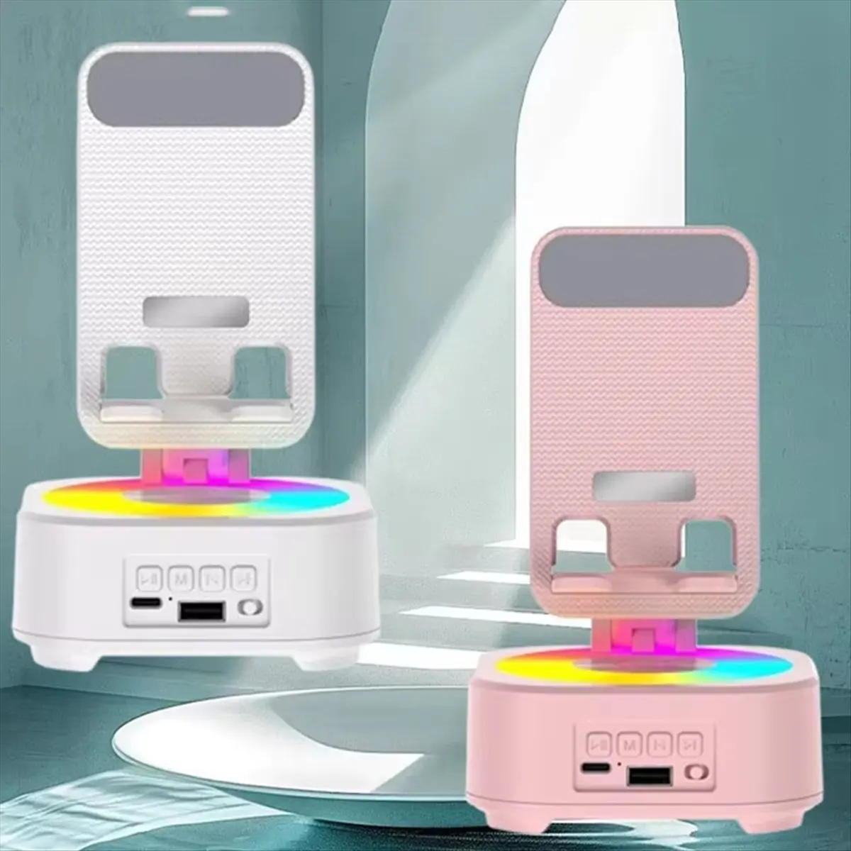 fine New Bluetooth Speaker Phone Stand Voice Charging Bank LED Color Music Box Desktop Speakers Pink