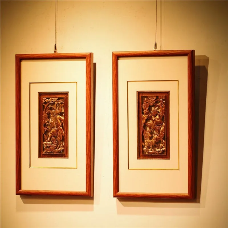 Handmade Relief Screen Wood Carving Pictures, Chinese Retro Solid Wood Background Wall Decorative Pendants