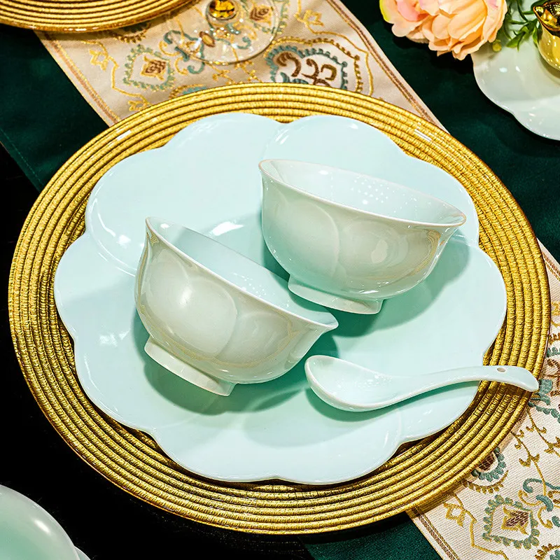 High temperature celadon tableware Chinese light luxury high white porcelain dishes set Household housewarming new home ceramics
