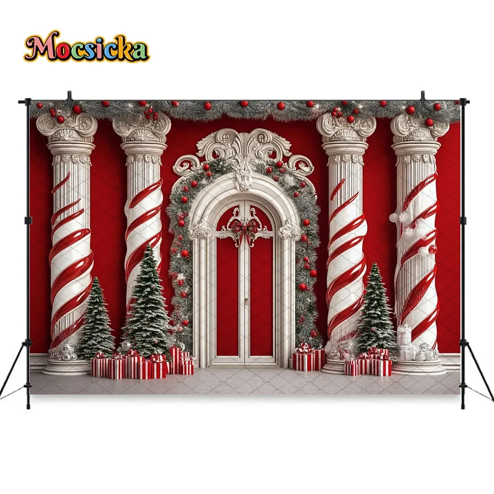 Mocsicka الأحمر عيد الميلاد حلوى قصب قصر خلفية التصوير الفوتوغرافي شجرة عيد الميلاد هدية الباب خلفية الشتاء الاطفال عيد ميلاد استوديو الصور