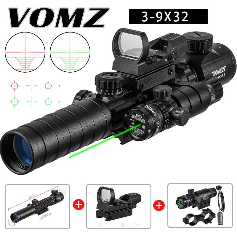 VOMZ 3-9X32 EG Hunting Tactical Rifle Scope Optical sight Red Green Illuminated Riflescope Holographic 4 Reticle red dot Combo