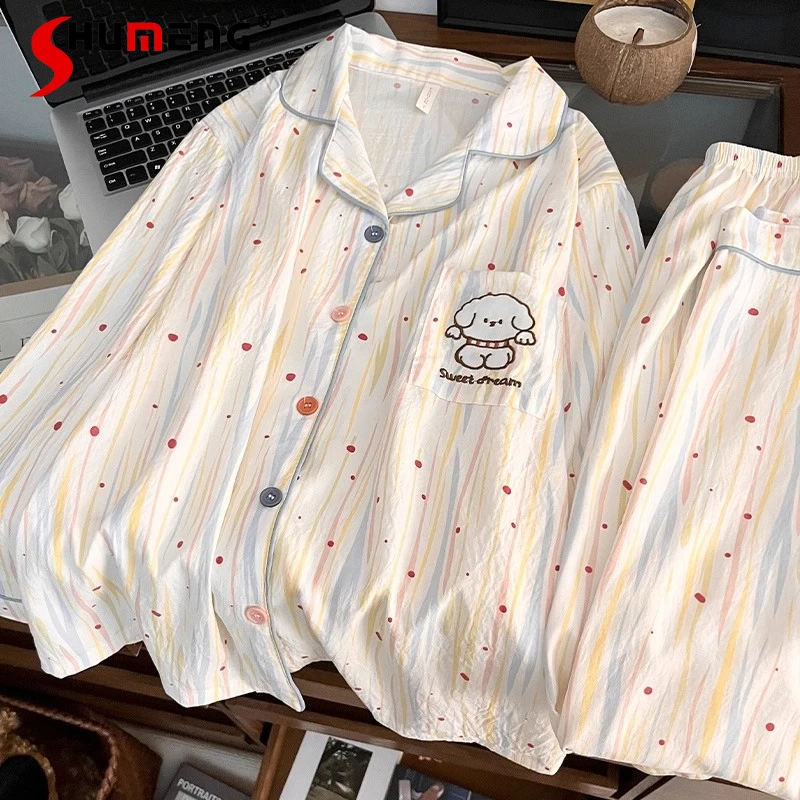 

Spring Autumn Cartoon Homewear Set Japanese Pure Cotton Cute Pajamas Suits for Women Long Sleeve Long Pants Ladies Sleepwear