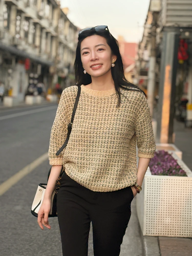 

ZINCCA Ele Floral Silk Top High-End Knitted Street Style Cotton Short Sleeve Round Neck Regular Fit Spring T-shirt