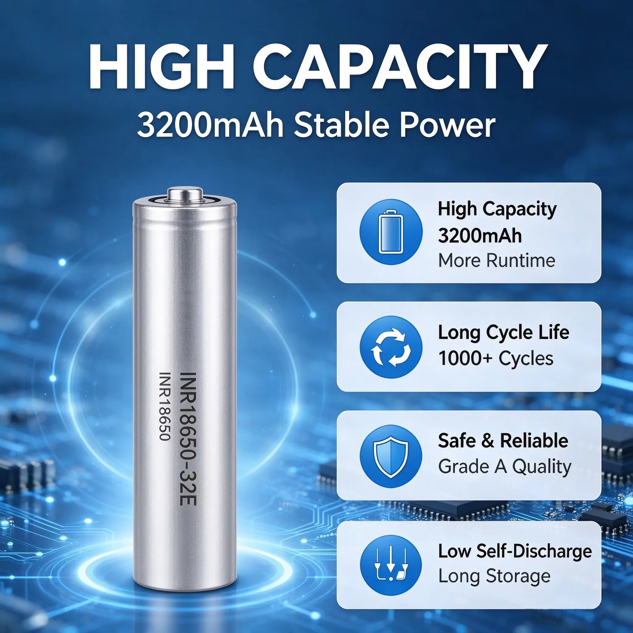 18650-32E 3200mAh 3.7V High Capacity Rechargeable Li-ion Battery Cell  Long Cycle Life for Power Banks,Laptops,Flashlights