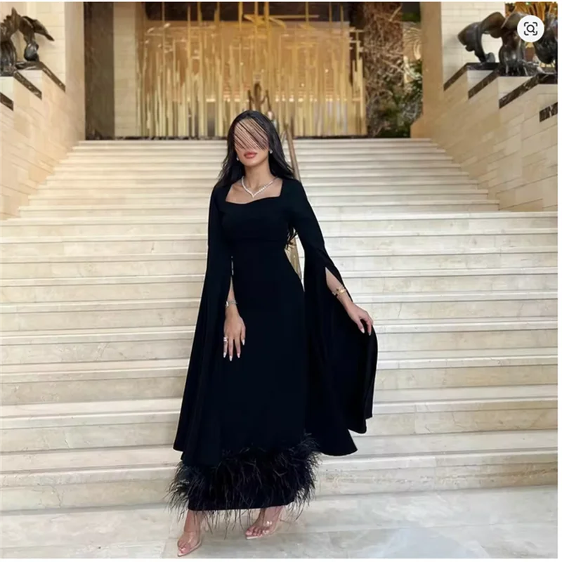 

Короткие черные креповые вечерние платья по индивидуальному заказу с перьями فساتين السهرة Русалка с квадратным воротником до щиколотки для выпускного вечера Dre