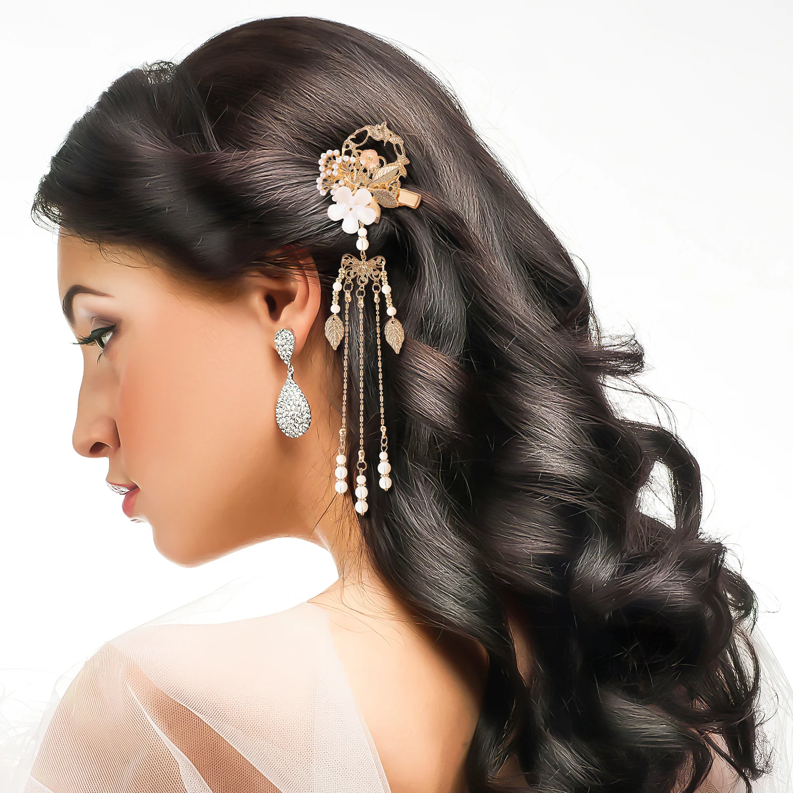 

1 Pair Tassel Side Hair Clips Ancient Chinese Style Jade Flower Decor Durable Premium Material Wedding Party Gift Women Retro