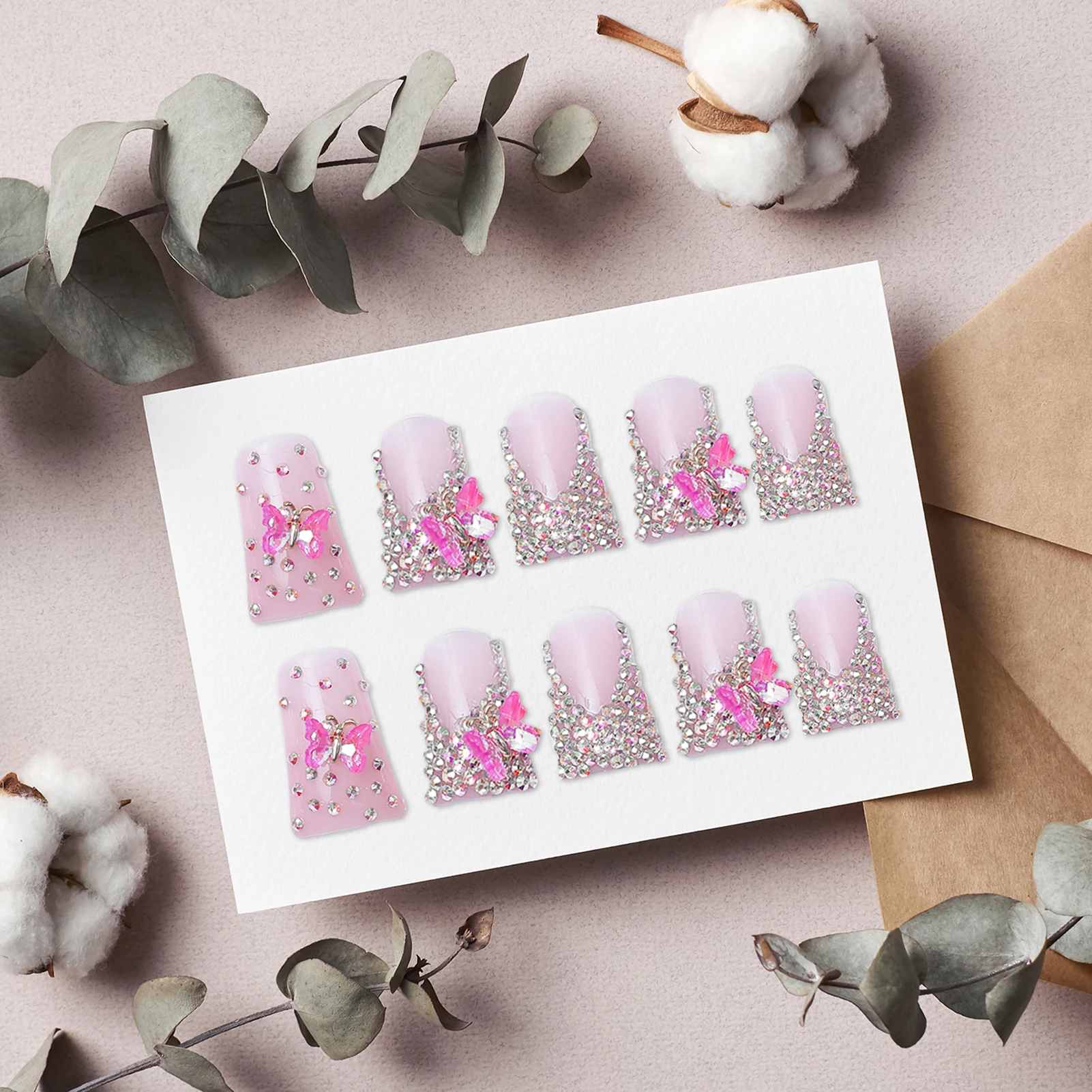 Pink Duck Bill Fake Manicure with Rhinestone Long Lasting Safe Material Waterproof False Nails for Stage Performance Wear