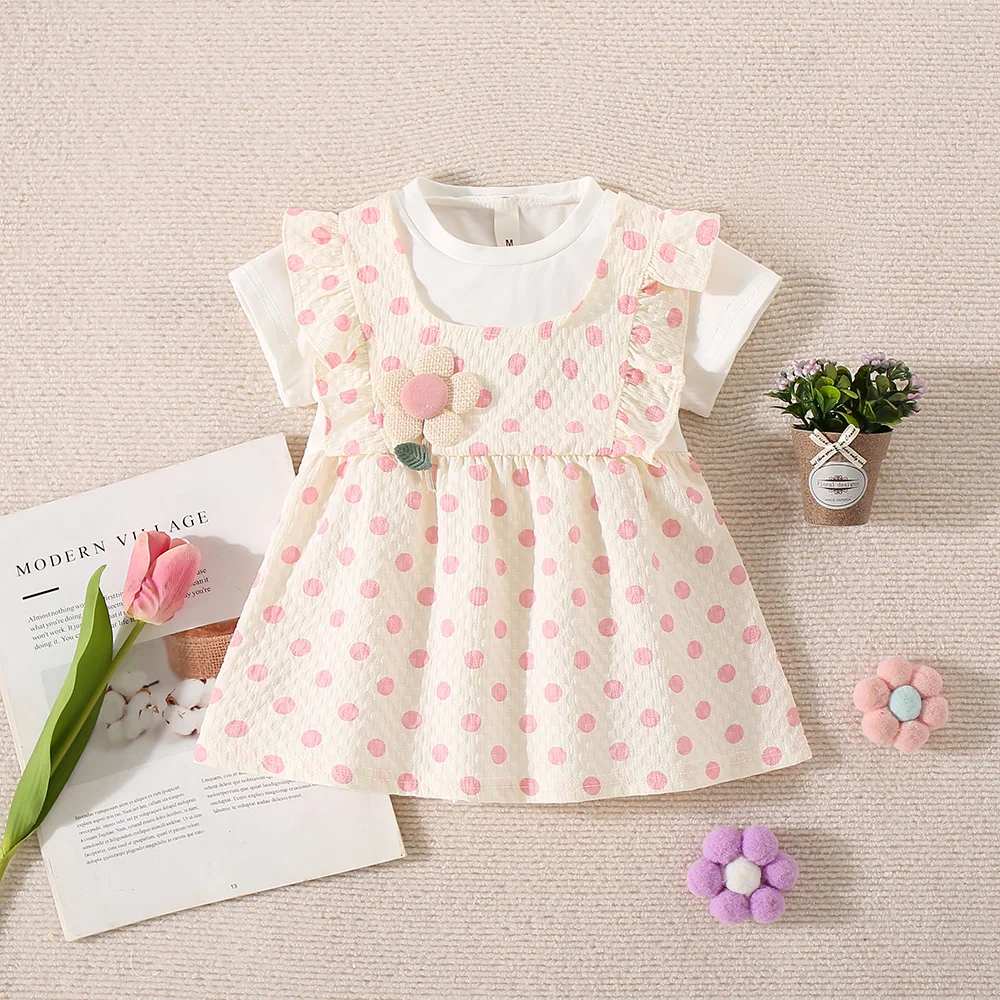 Summer Baby Girl Dress New White Short Sleeved Top Polka Dot Small Flying Sleeve Dress Fake Two Pieces For Girls