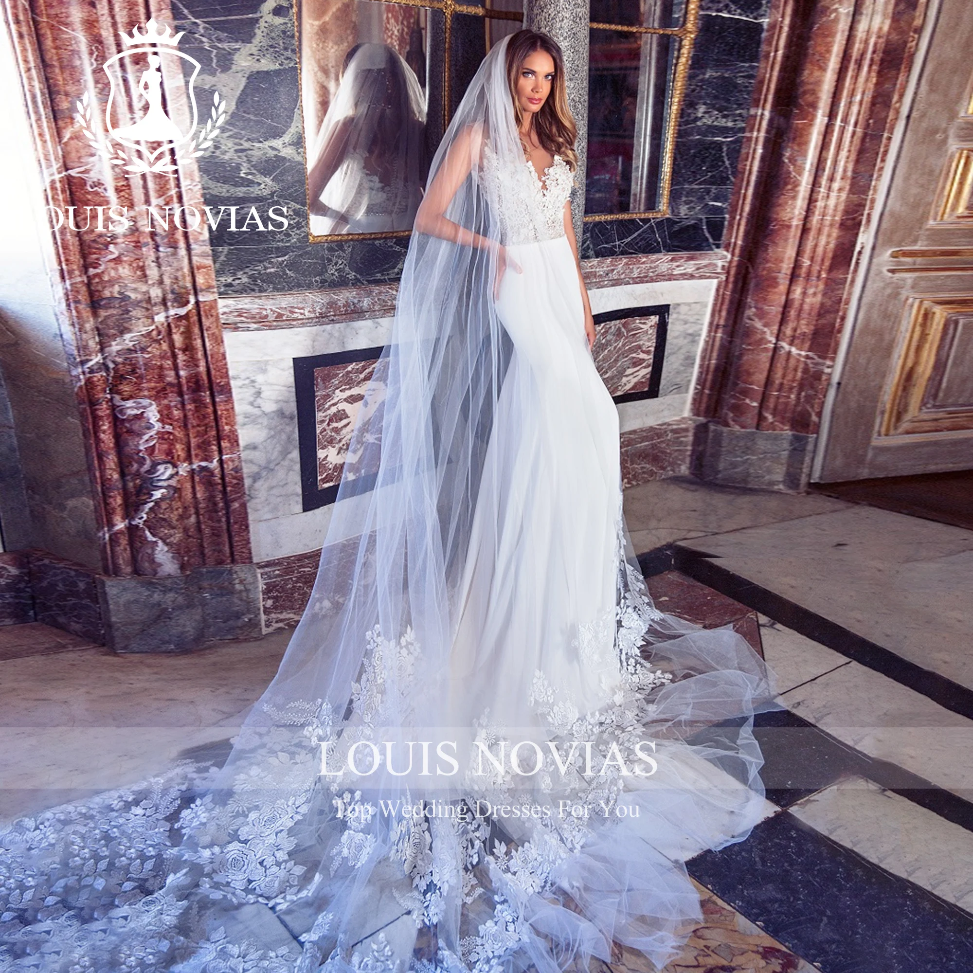 

LOUIS NOVIAS Mermaid Wedding Dress For Women Bride Embroidery Beading Flowers Trumpet Satin Wedding Gown Vestidos De Novia